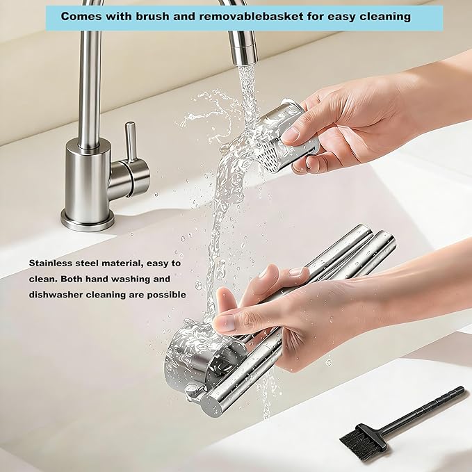 Stainless Steel Garlic Press and Mincer Set, Heavy Duty Garlic Crusher with Ergonomic Handle Rustproof Easy Squeeze Garlic Press Stainless Steel Professional Garlic Mincer Tool for Kitchen Use