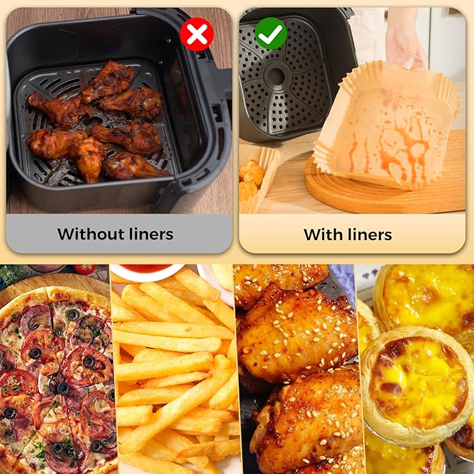 Ctizne Disposable Air Fryer Paper Liners, 125Pcs 9 In Large Square Parchment Paper Liner, Non Stick Baking Paper for 8Qt - 12Qt Air Fryer Basket Microwave Oven, Deep Fryer Parts & Accessories