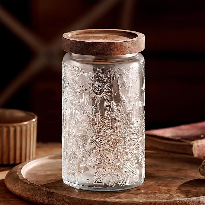 Custde Glass Storage Jars With Airtight Lid, 35oz Container For Kitchen Counter with Wooden Lid, brown sugar, candy, coffee, cookie, salt, tea, cute Jar (35oz Large Sunflower)