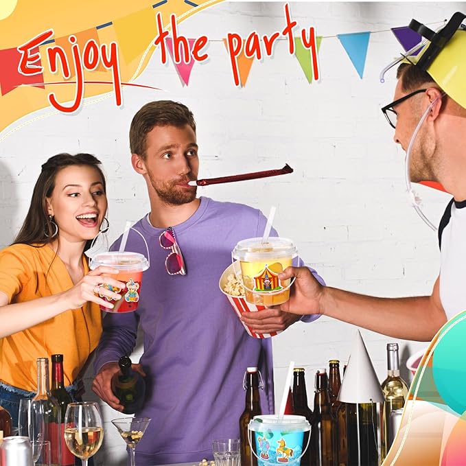 Funnymoom 30 Set Carnival Circus Drink Buckets with Lids and Straws 24oz Clear Disposable Plastic Cups Rum Cocktail Pails with Handles & Cups for Adult Party Favors, Vintage Theme Party Supplies