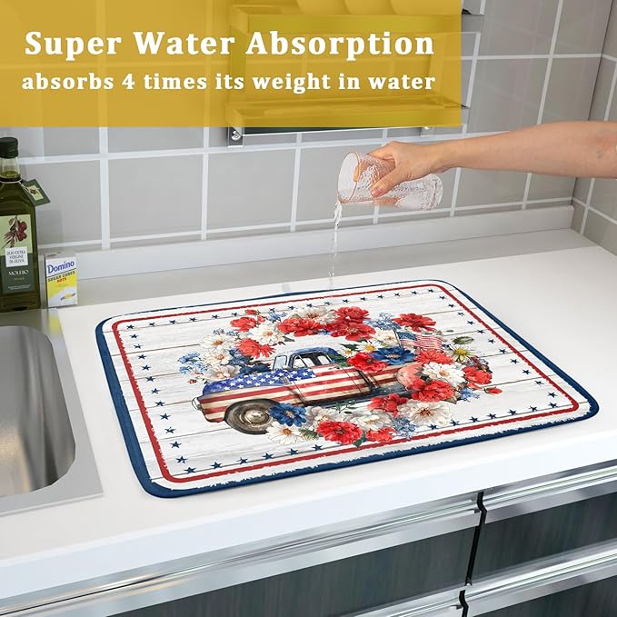 Patriotic Truck Dish Drying Pad 4th of July Drying Mat for Kitchen Counter Coffee Bar Sinks 18 X 24 Inch