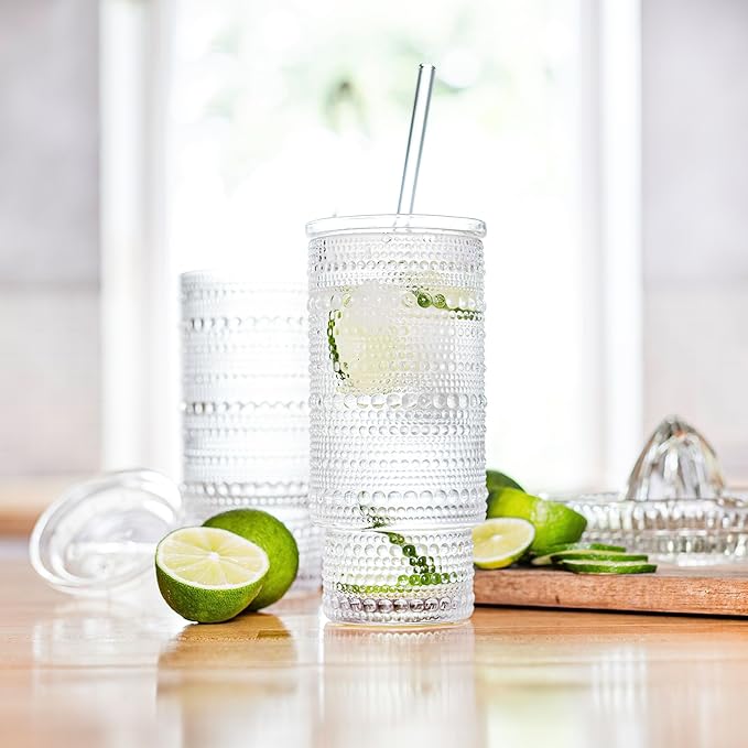 Birchland All Glass Hobnail Tumbler with Glass Lid and Straw, Beaded Style Set of 2 (16 oz Hobnail)
