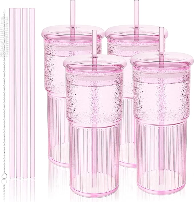 Luiaiog 20oz Glass Cups with Lids and Straws - Set of 4 Reusable Tumblers, Thickened Shatter-Resistant Glass, Ideal for Iced Coffee, Smoothies, Cocktails, Juices - Elegant & Durable Drinkware (Pink)