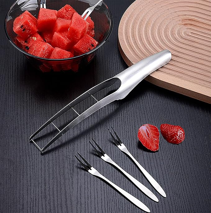 Watermelon Cutter Slicer with 2 Pieces Forks, Stainless Steel Watermelon Cube Cutter Watermelon Knife, Melon Slicer, Cube Cutters Fruit Vegetable Knives Salad Melon Baller for Kitchen Gadget