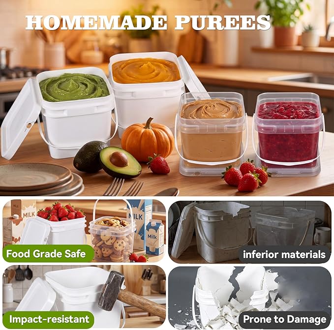 ASEVAT 6 Pack Square Plastic Buckets with Lids & Handles, 1L/2L/3L White & Clear Food-Grade Storage Pails, Stackable Airtight Containers for Food, Pantry & Cleaning Supplies