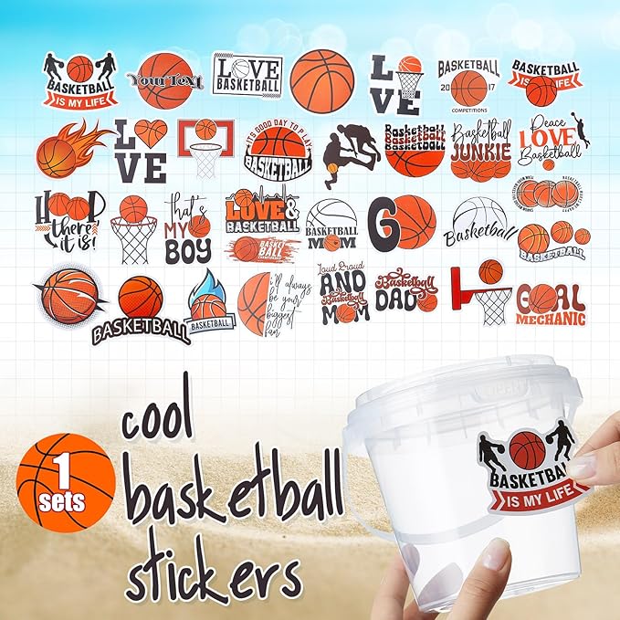 Funnymoom 30 Set Basketball Drink Buckets with Lids and Straws Clear Plastic Cups Disposable Rum Cocktail Pails with Handles & Stickers for Adult Sports Watch Party Favors Hoops Game Day & Tailgate