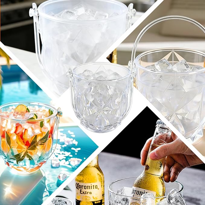 Crystal Ice Bucket with Handle & Tongs-1.1 L Plastic Clear Champagne Ice Buckets for Parties, Beer, Wine, Drinks, Cocktails,-Soda, Mimosa Bar Supplies (Style-D, 37 oz (1.1 L))