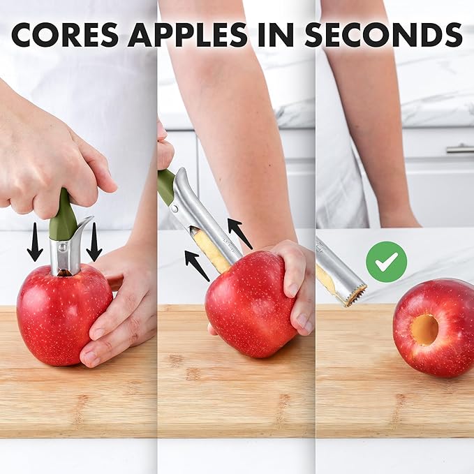 Zulay Kitchen Ultra Sharp Apple Corer Tool - Stainless Steel, Sharp & Serrated Blade Cores in Seconds - Easy to Use & Clean, Durable Apple Core Remover for Apples & Small Fruits - Olive Green