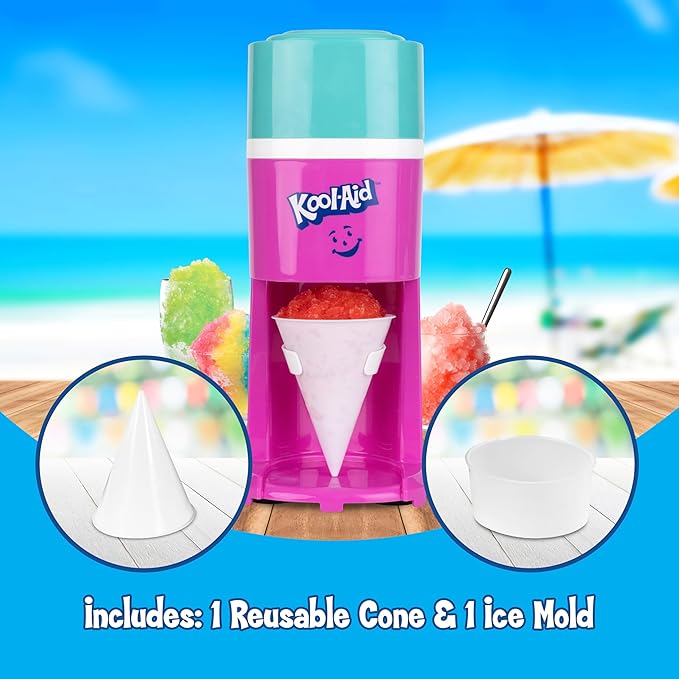 Kool-Aid Shave Ice and Snow Cone Machine, Multi-Use Ice Shaver for Frozen Treats, Slushies, Snow Cones, and More – Reusable Cup and Ice Mold, Stainless Steel Blades – Sharkleberry