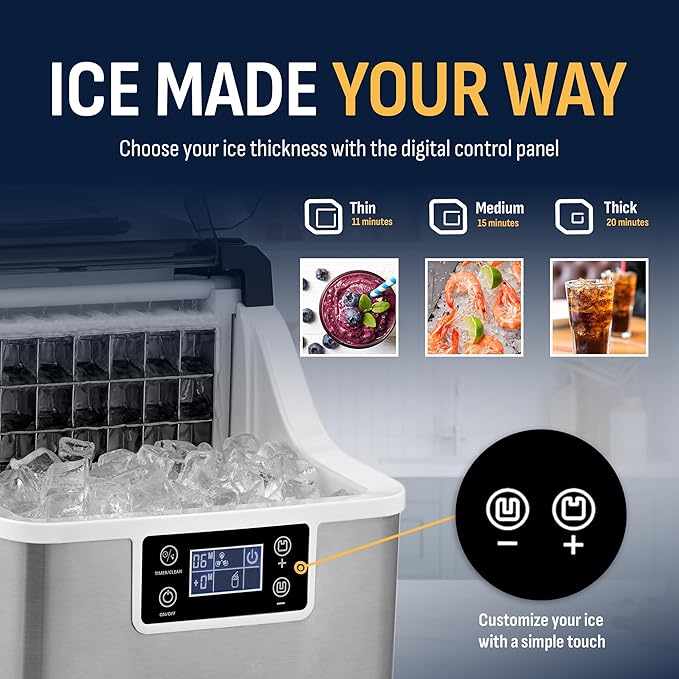 Newair Countertop Clear Ice Maker, 45lbs/Day Ice Cube Machine, Self-Cleaning Function and Custom Ice Thickness, Portable Ice Maker, 24H Timer, Ideal for Home Office and Outdoor Bar, Stainless Steel