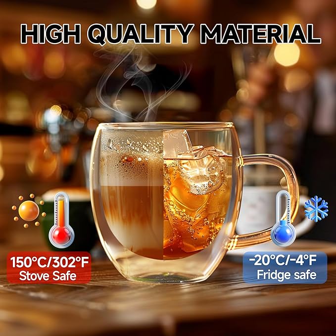 YMMIND Set of 4 Double Walled Glass Coffee Mugs 8 Ounces Insulated Layer Coffee Cups with Handle Borosilicate Glass Espresso Cup for Hot Beverage,Cappuccino,Tea,Latte,Wine,Microwave Safe