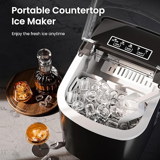 AGLUCKY Ice Makers Countertop with Handle,26.5Lbs/24H,9 Cubes in 6 Mins,2 Sizes of Bullet Ice,Portable Machine with Self-Cleaning,Perfect for Home Kitchen(Black)