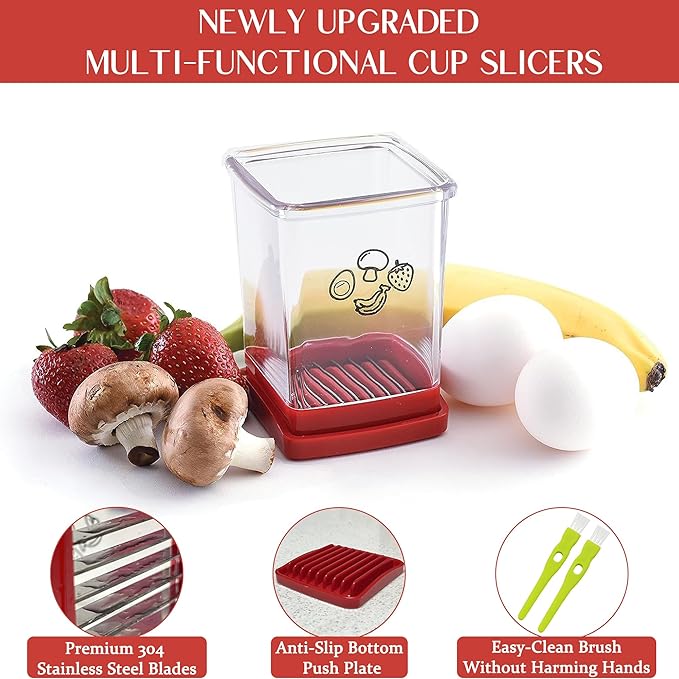 Fruit Slicer Cup | Strawberry Slicer | Stainless Steel Strawberry & Vegetable Slicer with Push Plate - Quickly Makes Fruit & Veggie Salad - Must Have Kitchen Gadget