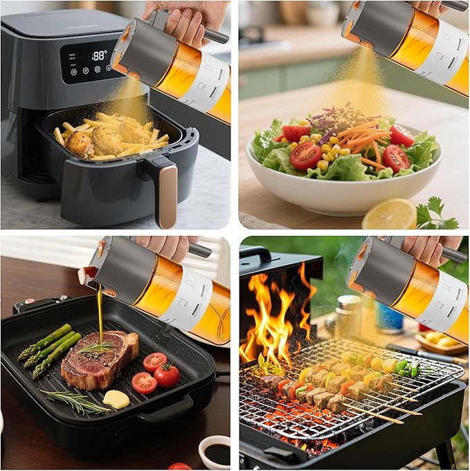 LAKUMIQI 2 in 1 Oil Sprayer for Cooking, 17oz Light-Blocking Glass Spray Bottle with Stickers, Oil Dispenser for Salad, Air Fryer & BBQ