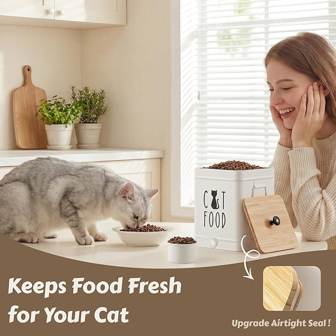PERFNIQUE Cat Food Storage Container, Airtight Cat Treat Container with Bamboo Lid, 25 Cup Pet Food Storage for Kitchen Countertop, Treat Jars for Pets, Cat Food Container (White, with Spoon)
