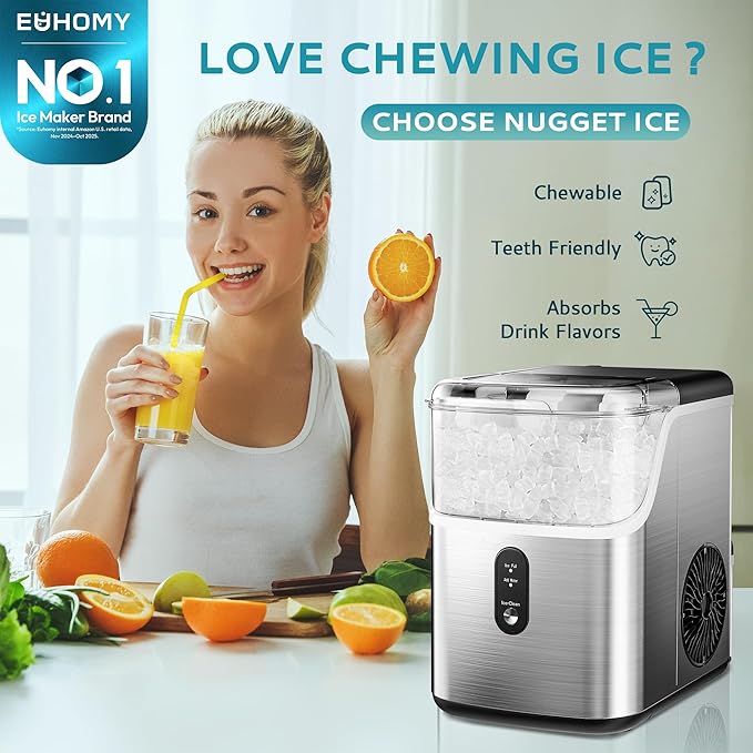 EUHOMY Nugget Ice Makers for Countertop with Ice Scoop & Basket, Self-Cleaning Sonic Pebble/Pellet Ice Maker Machine with 35lbs/24H Soft Ice for Home/Kitchen/Office, Stainless Steel, Silver