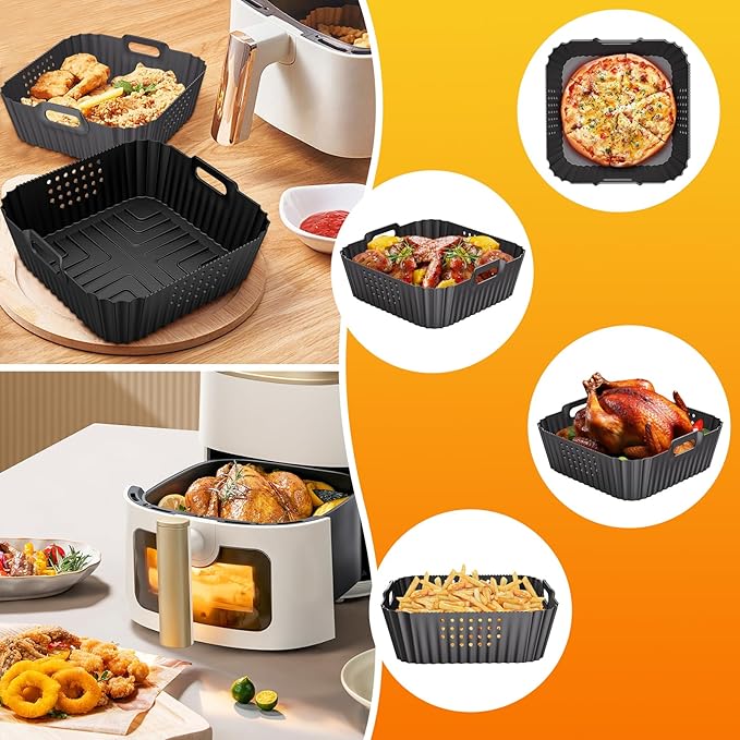 HOMELYLIFE Air Fryer Silicone Liners for Ninja AF141 AF142 5QT & AF181 6.5 QT AirFryer, Air Fryer Accessories for Cosori 5QT/6QT, 2 Pcs Reusable Square Liners for Instant 6Qt &Other 5-8QT AirFryer