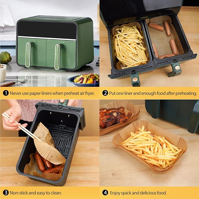 Air Fryer Disposable Paper Liners: 125Pcs Rectangle 8.6x5.5" Parchment Paper Non-stick Food Grade Liners for Dual Basket | Rectangular Air Fryer