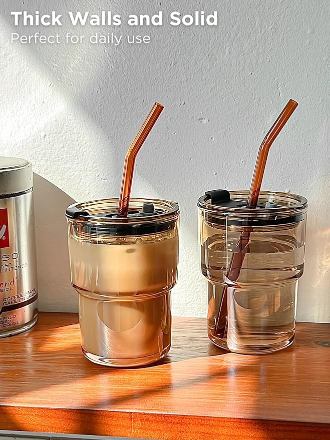 Olvini 13oz Glass Tumbler with Straw and Lid, Reusable Iced Coffee Cup Tumbler, Cute Glass Cups for Water, Matcha, Travel Coffee Mugs (Amber - 13oz)