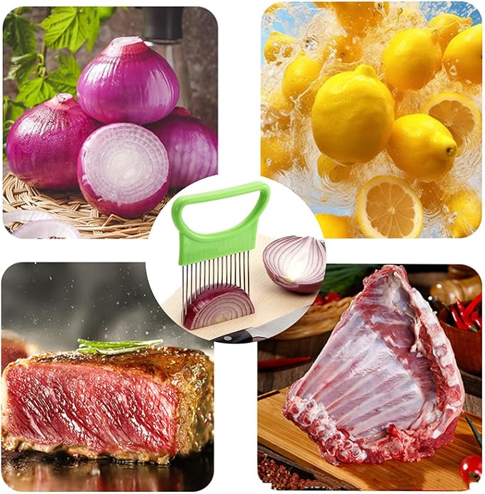 YVPSI 4pcs Onion Holder Slicer with Cover Stainless Steel Onion Cutter Vegetable Chopper Tomato Potato Slicer Cutter Food Slicer Assistant Tool for Tomato Lemon Avocados Vegetables Fruit and Meat