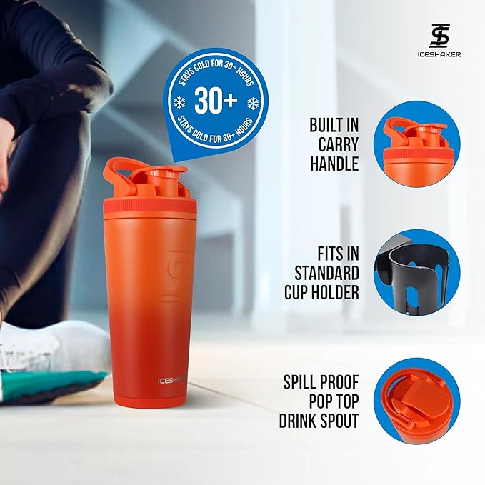 Ice Shaker Insulated Stainless Steel Shaker Bottle | 26oz, Orange Color Rush | Cold for 30+ Hours | Insulated Cup with Twist-on Agitator | Bottle for Protein Shakes, Smoothies, Cocktails