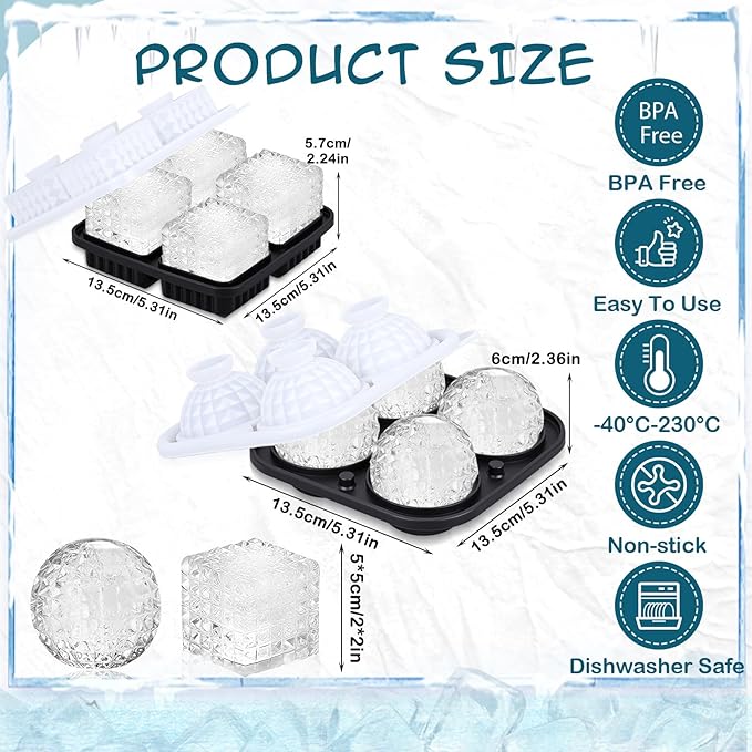 Hoolerry 2 Pcs 3D Golf Gifts Ball Ice Maker Mold 2.2" Large Square Sphere Silicone Ice Cube Tray 4 Hole Fun Shapes Big Ices Cube Mold with Funnel for Whiskey Cocktails Bourbon Chilling