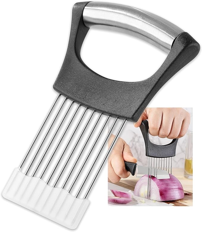 Onion Slicer, Mumulo Stainless Steel Onion Cutter for Slicing and Storage Onions, Tomato, Eggs and Vegetables, Protective Cover Included, Dishwasher Safe (Black)