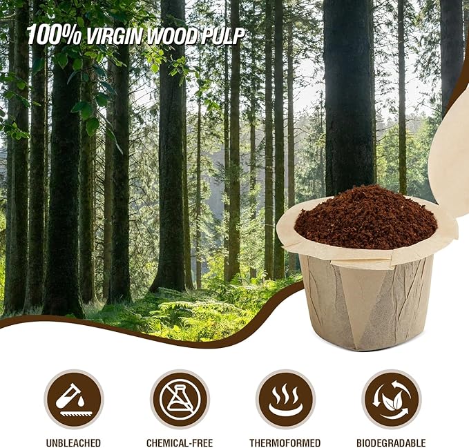 Disposable K Cup Filters with Lid, Coffee Filter Paper for Brewers Single Serve 1.0 and 2.0, Use with Reusable K Cup Pods (Natural, 200 Count)