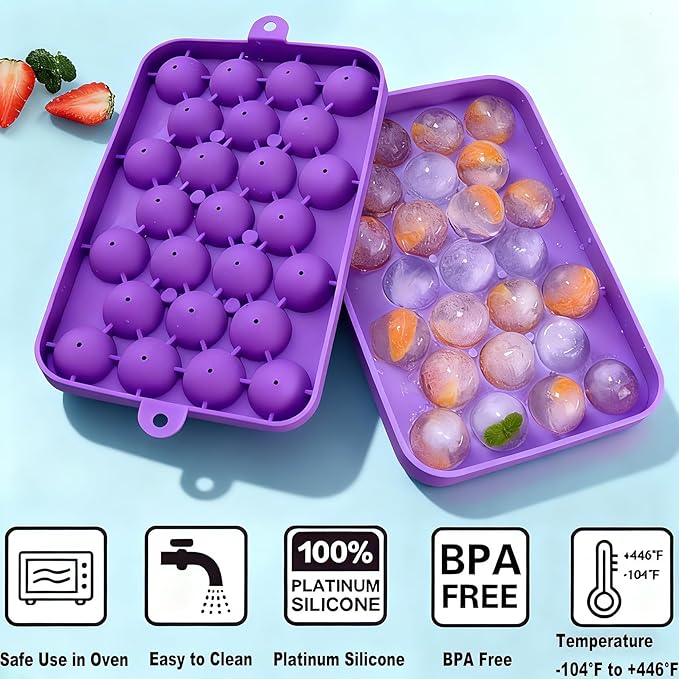 Ice Cube Tray Easy Release Flexible Silicone Round Ice Sphere Tray with Removable Lids Reusable 25 Mini Stackable Ice Ball Maker Mold for Chilling Whiskey Cocktail Coffee, BPA Free