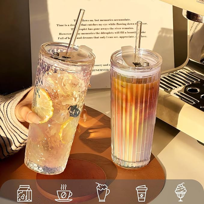 Puraville 2 Pack 18oz Glass Cups with Lids and Straws, Vintage Ribbed Striped Glacier Pattern Thickened Glassware for Whiskey Cocktail Beer, Mason Jar Drinking Glasses Tumbler Iced Coffee Cup, Rainbow
