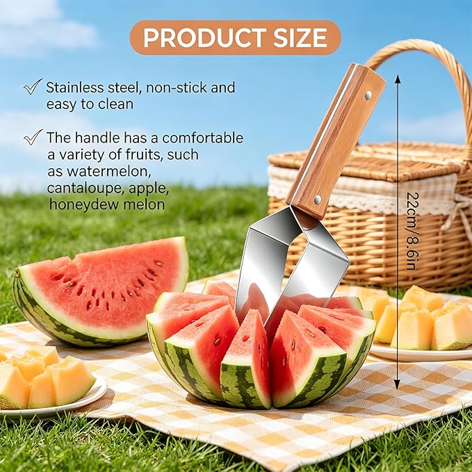 Watermelon Cutter Slicer Tool, Watermelon Slicer Stainless Steel with Wooden Handle for A Wide Variety Watermelon, Cantaloupe, Honeydew, Apples, and More (3Pcs)