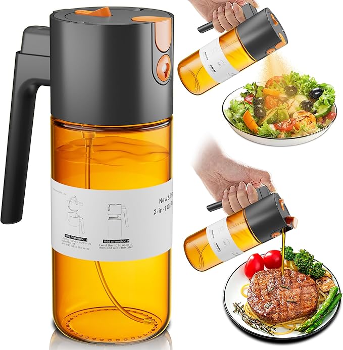 LAKUMIQI 2 in 1 Oil Sprayer for Cooking, 17oz Light-Blocking Glass Spray Bottle with Stickers, Oil Dispenser for Salad, Air Fryer & BBQ