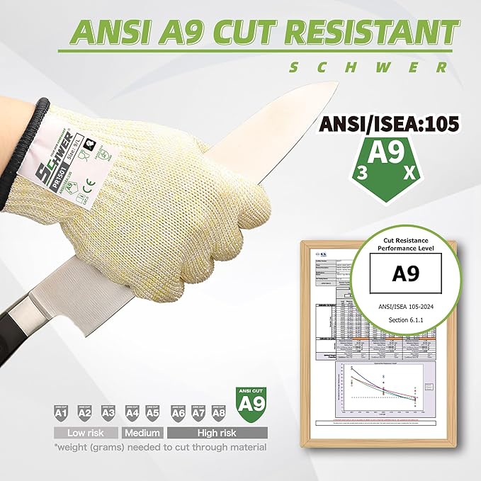 Schwer SlicePro ANSI A9 Cut Resistant Gloves, Food Grade Cutting Gloves for Kitchen Food Prep, Mandoline Gloves for Meat Cutting, Oyster Shucking, Fish Fillet Processing, PR1501, S