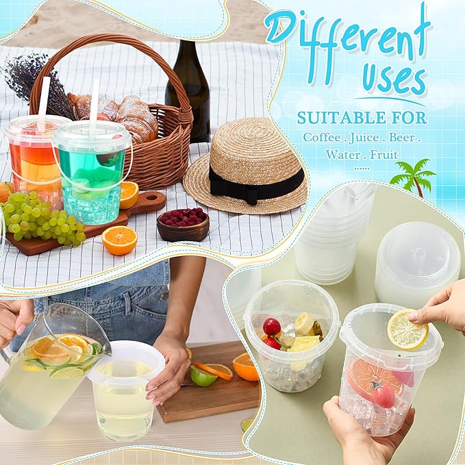 Funnymoom 200 Set 34oz Clear Plastic Drink Buckets with Lids and Straws Disposable Iced Coffee Cups Rum Buckets for Cocktail Parties Smoothie Cup Bulk with Handles for Beach Pool Party Supplies
