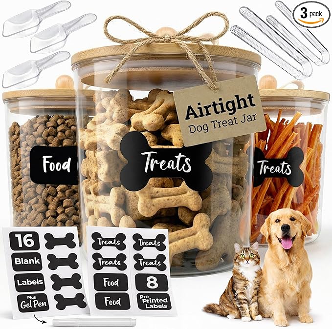 3 Acrylic Airtight Dog Treat Container , Dog Treat Jar Each Holds 4.4 QT / 17.5 Cups Kibbles Food Storage With Lid +24 Labels for Kitchen Counter Pet Cookie Jars With Lid Air Tight Cat Treats Canister