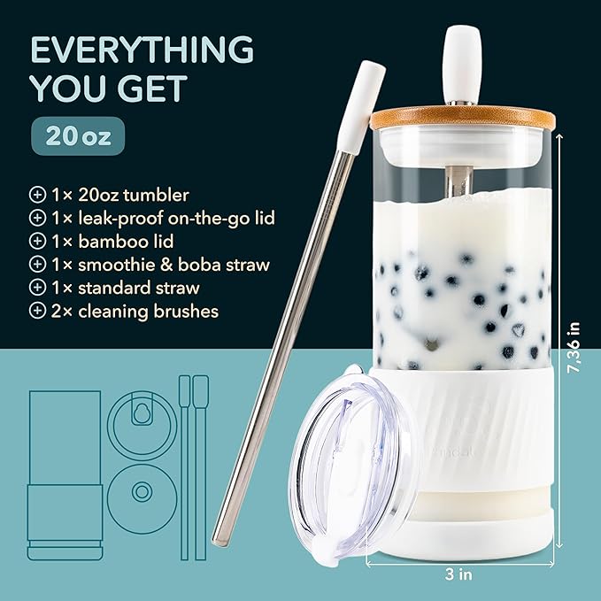 Pandaloo® Glass Cups With Lids and Straws -20 Fl Oz- Perfect Size Iced Coffee Cup - Smoothie Cup With Bamboo Lid and On the go Lid - Glass Tumbler With Straw (1 Count (Pack of 1), Coton White)