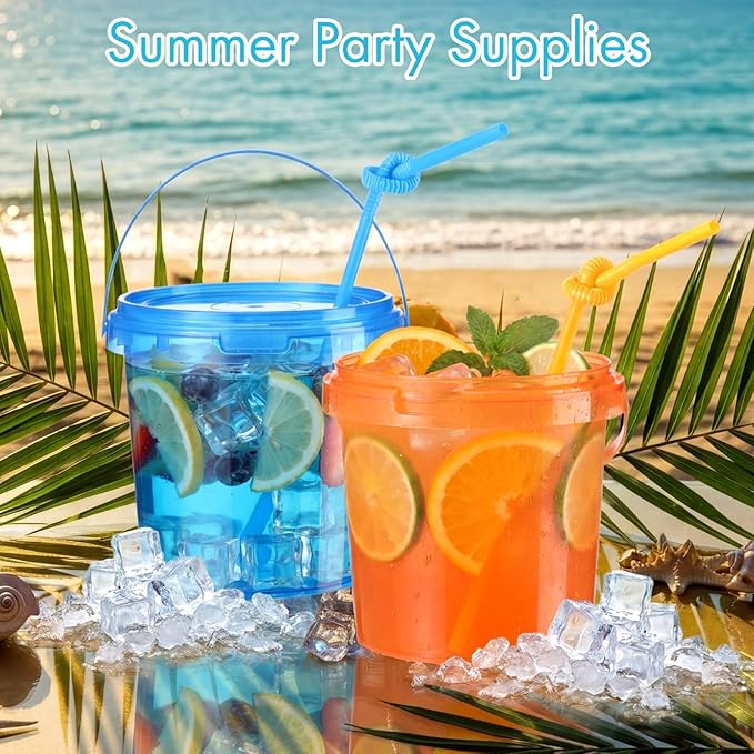 Funnymoom 48 Pack 34 oz Plastic Rum Buckets Bulks for Drinks with Straws Reusable Ice Cream Cocktail Cups Neon Party Bucket with Lids Handles Food Containers Cup for Summer Beach Bar Beer