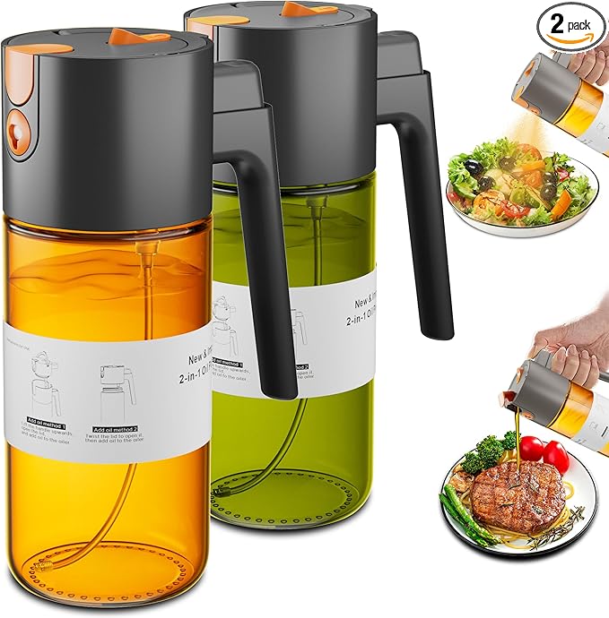 LAKUMIQI 2 in 1 Oil Sprayer for Cooking, 17oz Light-Blocking Glass Spray Bottle with Stickers, Oil Dispenser for Salad, Air Fryer & BBQ