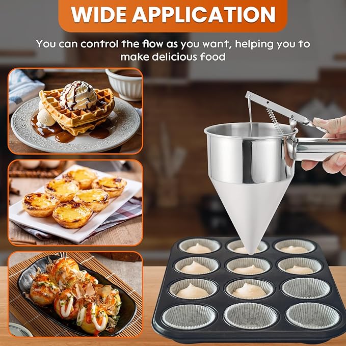 40OZ/1200ML Stainless Steel Pancake Batter Dispenser, Piston Funnel Dispenser with Stand Detachable Handle for Takoyaki Baking Cake Desserts (1200ML/40OZ)