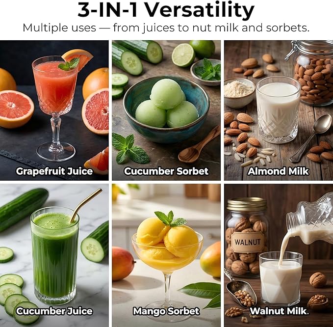 TUUMIIST 3-in-1 Cold Press Juicer Machine, Smart Touch Masticating Juicers for Whole Fruit & Vegetable, 6.5" Wide Chute Slow Juicer for Nut Milk & Sorbet, High Yield, 100oz Large Capacity, Easy Clean
