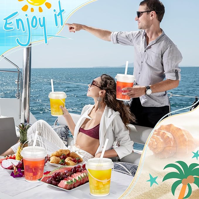 Funnymoom 30 Set 34oz Disposable Plastic Drink Buckets with Lids and Straws Frosted Iced Coffee Cups Rum Buckets for Cocktail Parties Smoothie Cup Bulk with Handles for Beach Pool Party Supplies