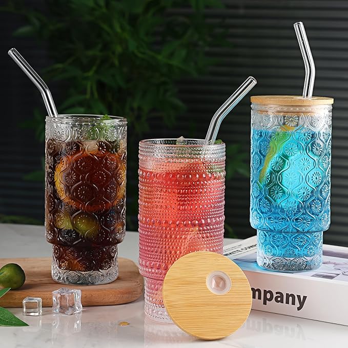 16oz Glass Cups with Lids and Straws, 2 Pack Vintage Drinking Glasses Tumblers Polka Dot Iced Coffee Cups for Kitchen, Home, Office, Gifts