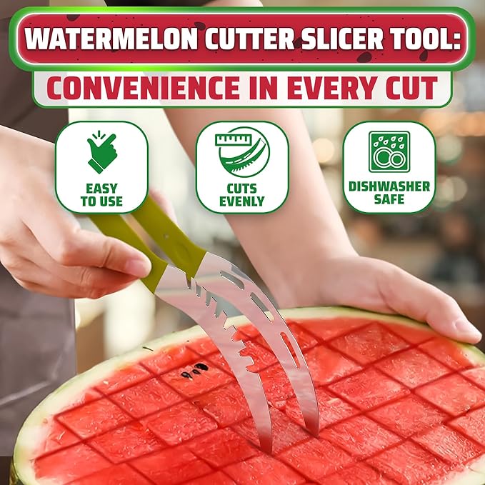 Watermelon Cutter Slicer Tool - Stainless Steel Watermelon Slicer Cutter Tool, Dishwasher Safe, Ergonomic Handle, Rust-Resistant - Curved Shape and Rounded Edges for Safe, Easy Slicing & Serving