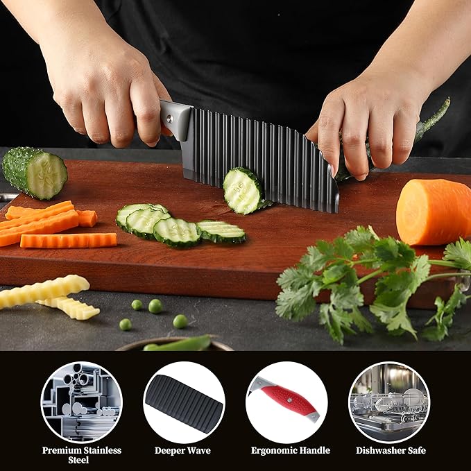 Crinkle Cut Knife, HIA Crinkle Cutter for Veggies, French Fry, Potato, Cucumber, Carrot and Fruit, Stainless Steel Wave Fries Cutter Slicer With Stylish Rubber Handle, Dishwasher Safe