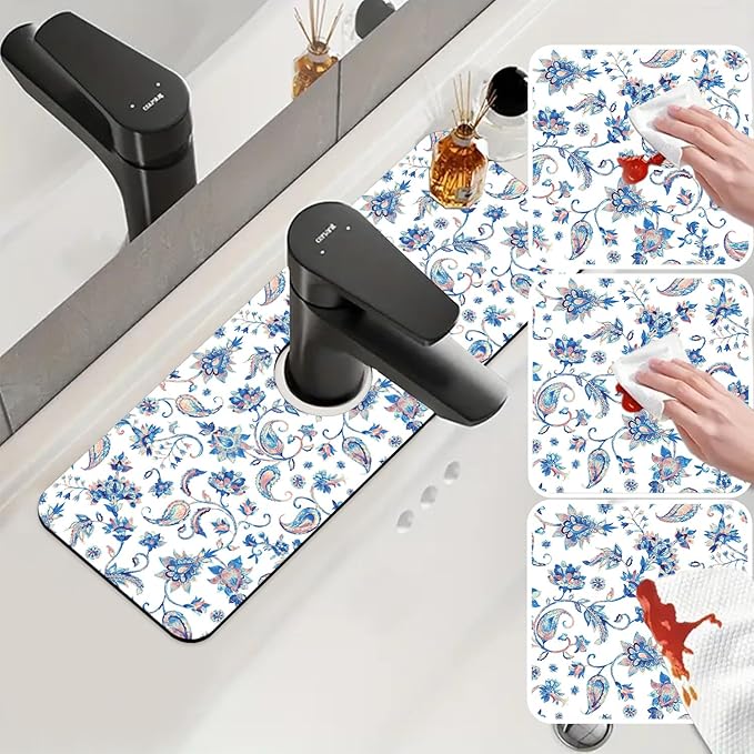 Sink Splash Guard Faucet Mat Paisley Flowers Tulips Leaves Absorbent Fast Drying Mat Sink Gadgets Splash Guard Behind Faucet Drip Catcher for Kitchen Bathroom 15.5"X5.5"