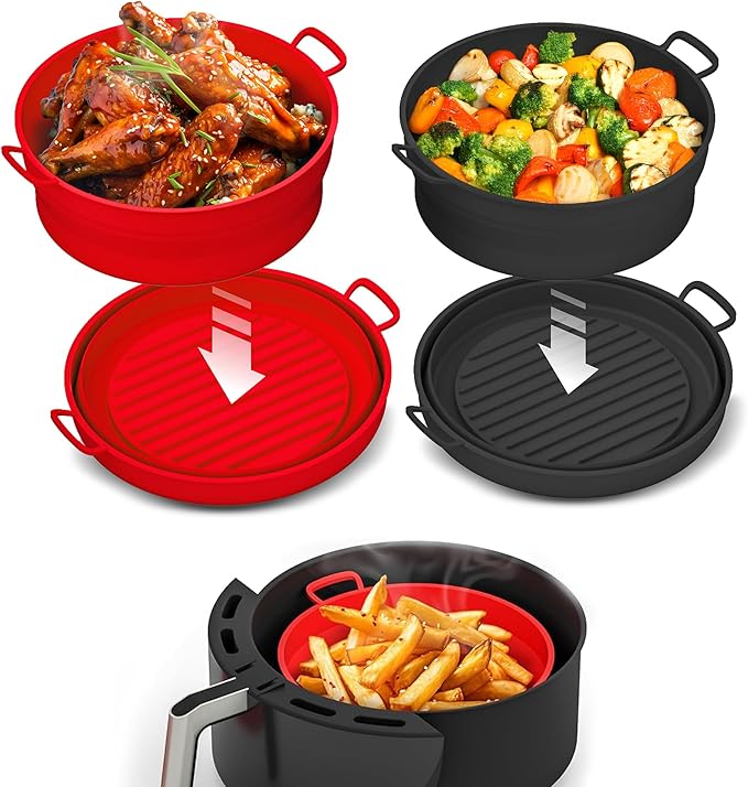 Collapsible Silicone Air Fryer Basket Liners Pot - AirFryer Liners Reusable Bowls for 5 Quart or Bigger As Seen on the Today Show - Air Fryer Accessories 2 Pack - Round Silicone Liners (Red & Black)