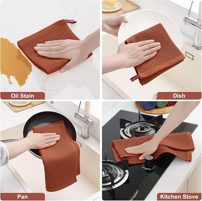Homaxy 100% Cotton Kitchen Towels and Dishcloths Set, 12 x 12 Inches and 13 x 28 Inches, Set of 12 Bulk Kitchen Towels Set, Ultra Soft Absorbent Dish Cloths for Washing Dishes, Rust