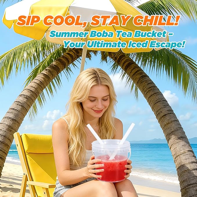 Clear Plastic Cups with Lid and Straw, Reusable Drink Bucket with Handle for Iced Coffee, Smoothie, Ice Cream - Sturdy Food Safe Party Cups for Pool, Beach, Birthday Parties (8Pack, 38 oz)