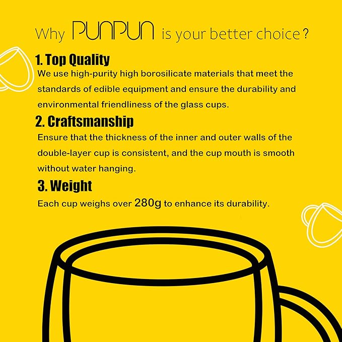 PunPun 17oz.500ml Large Coffee Mug,Double Walled Clear Mugs,Coffee Glass Cup, Heat Resistant Borosilicate Clear Glasses,Premium Glasses, Set of 2