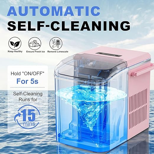 NEWBULIG Ice Makers Countertop with Handle, Portable Ice Machine, 9 Bullet Ice Cubes in 6 Mins, 26lbs in 24Hrs, Auto-Cleaning, with Basket and Scoop, for Home, Kitchen, RV, Camping,Pink